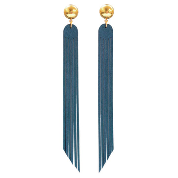 Long iridescent blue fringe earrings with a bright gold post