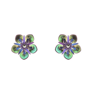 Small faux leather flower earrings with a green iridescent finish shown on a white background