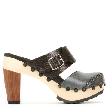 High Heel Closed Toe Mule in Slate and Espresso