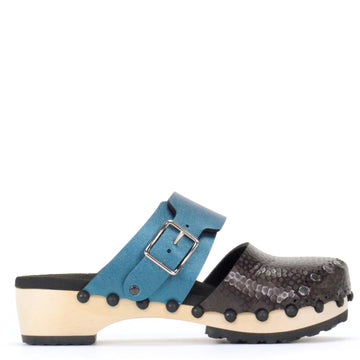 Low Clog Closed Toe Mule in Espresso and Azure