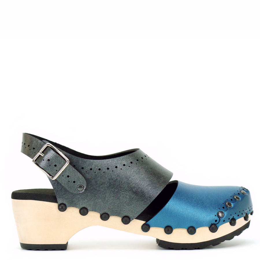 Mid Clog Closed Toe Slingback in Azure and Slate