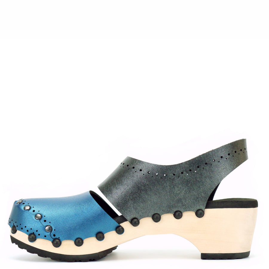 Mid Clog Closed Toe Slingback in Azure and Slate