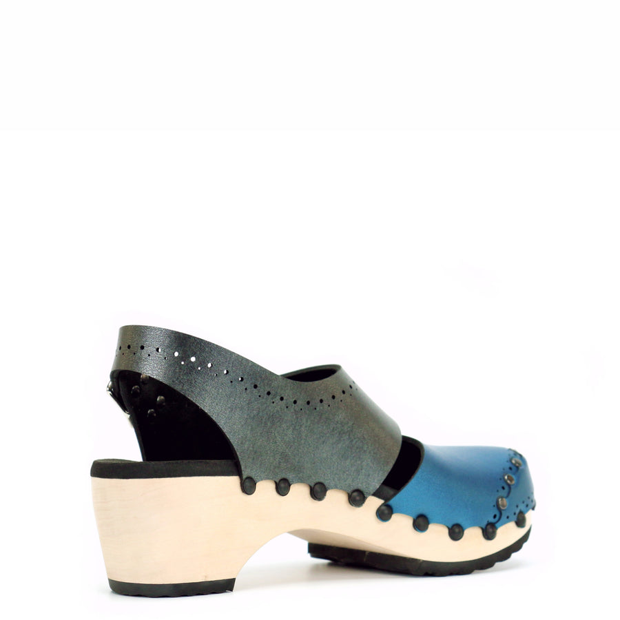 Mid Clog Closed Toe Slingback in Azure and Slate