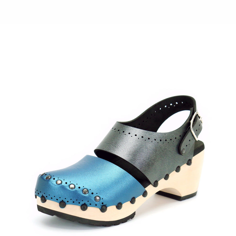 Mid Clog Closed Toe Slingback in Azure and Slate