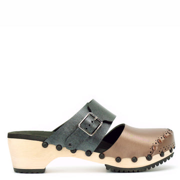 Mid Clog Closed Toe Mule in Mocha and Slate