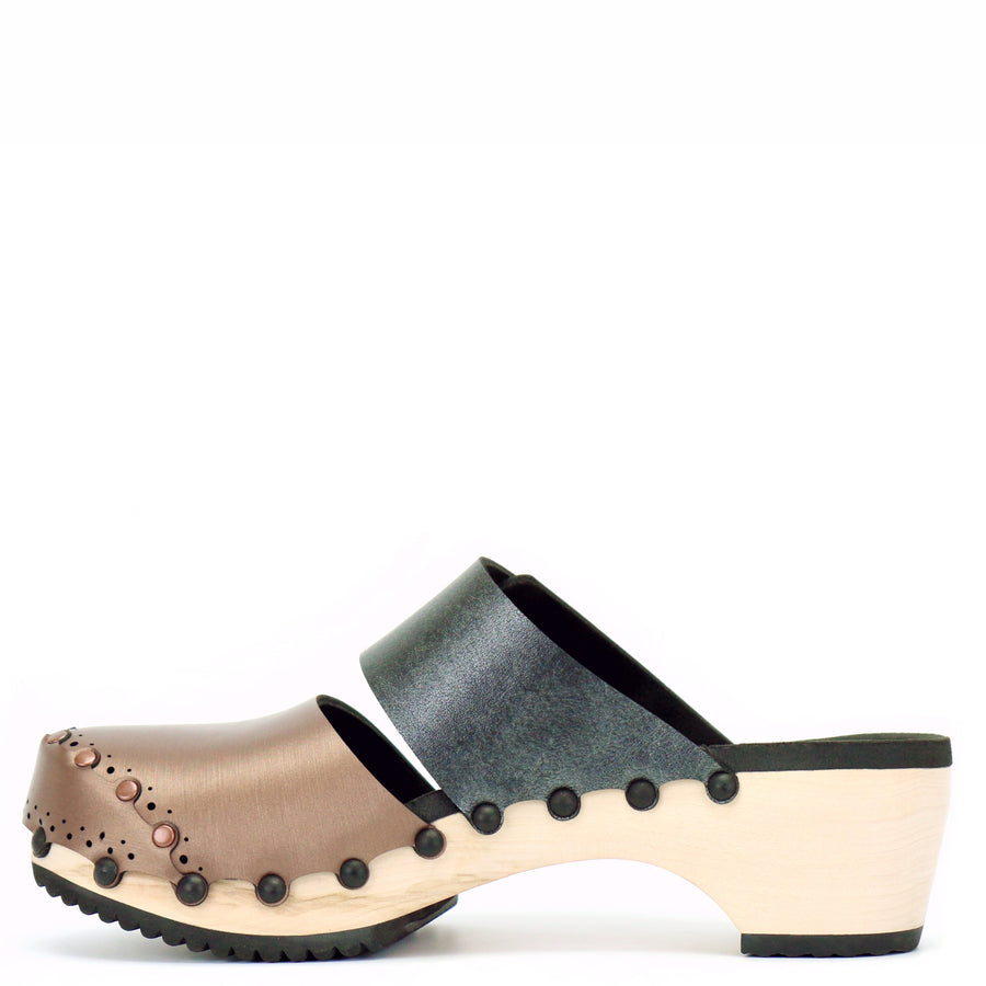 Mid Clog Closed Toe Mule in Mocha and Slate