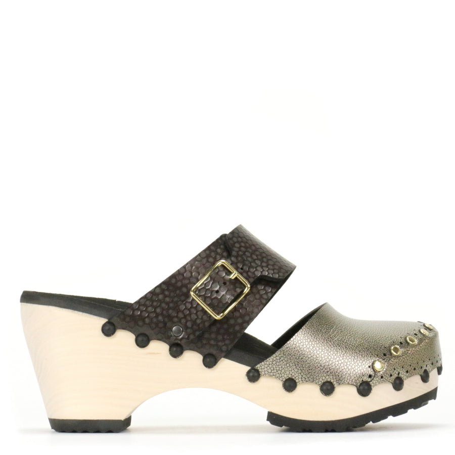 Tall Clog Closed Toe Mule in Gold and Espresso