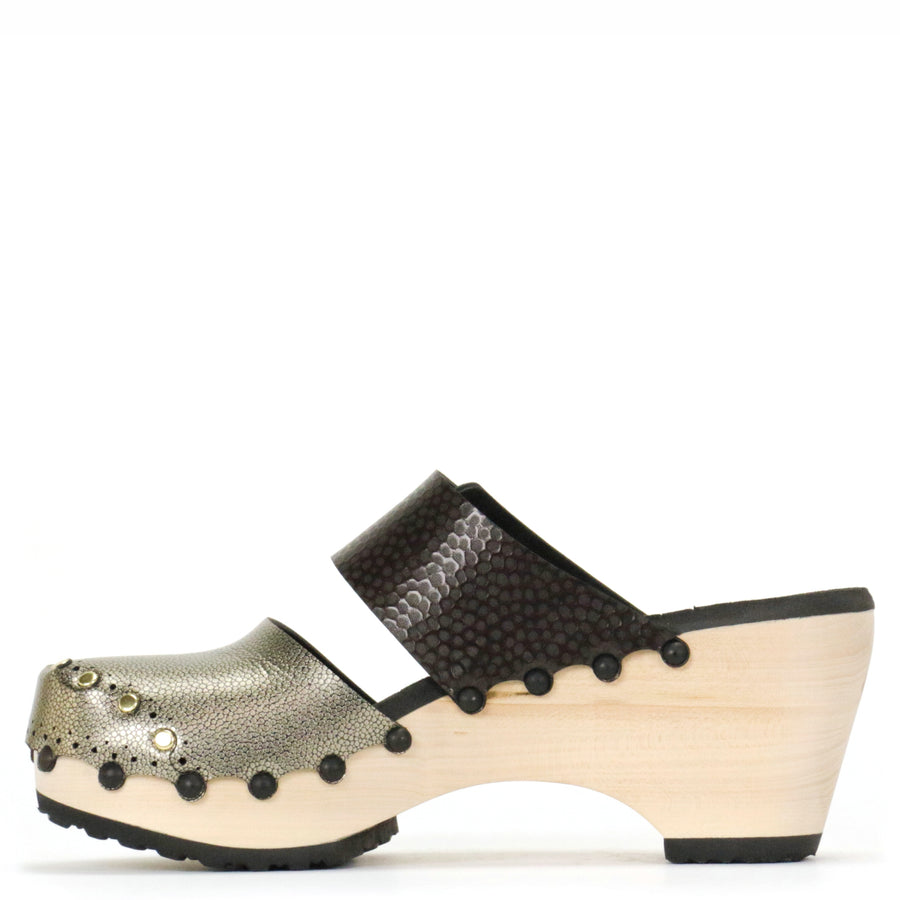 Tall Clog Closed Toe Mule in Gold and Espresso