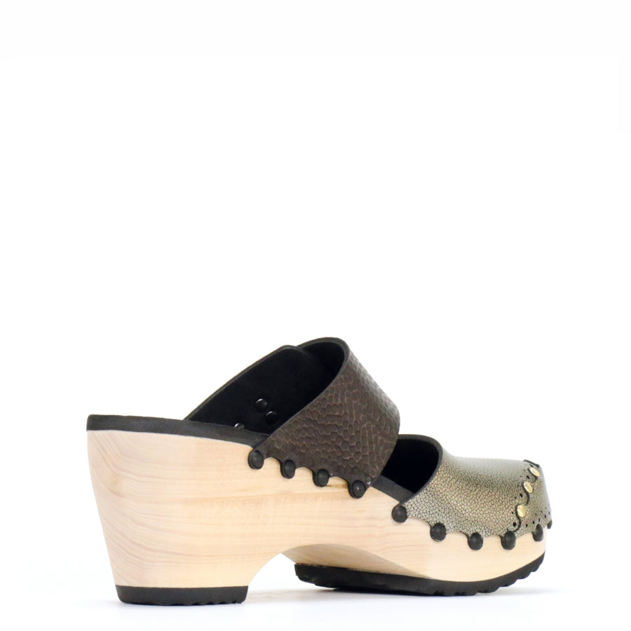 Tall Clog Closed Toe Mule in Gold and Espresso