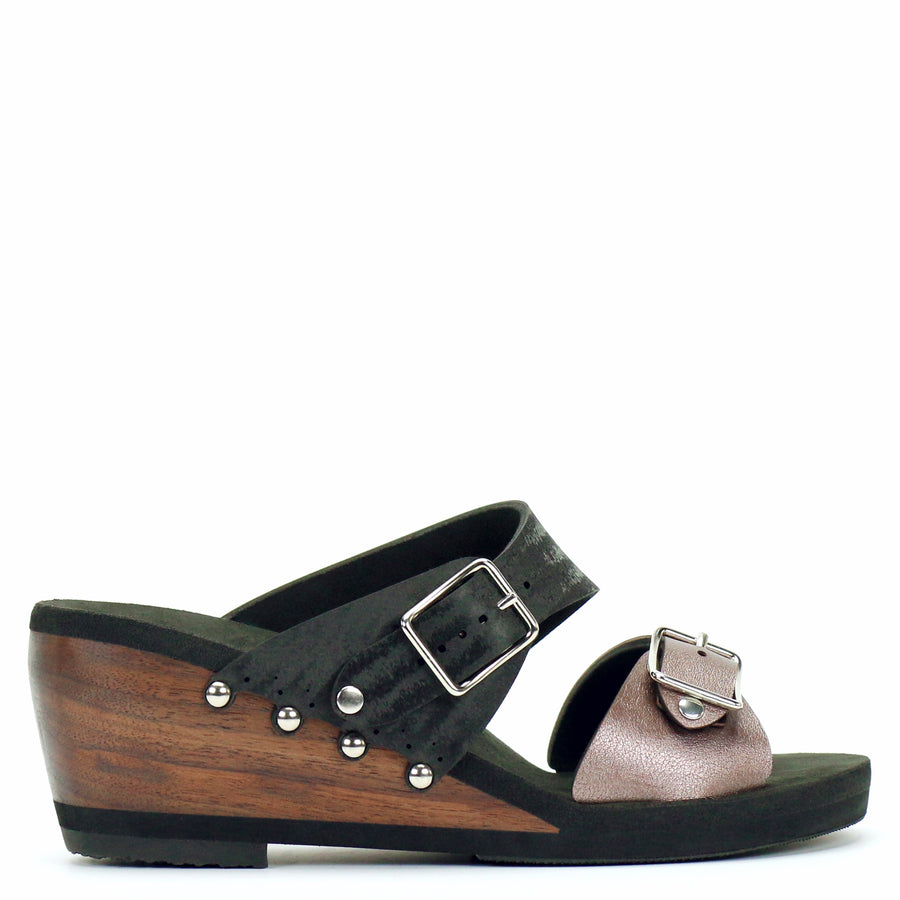 Mid Wedge Buckle Toe Mule in Rose and Midnight - Mohop