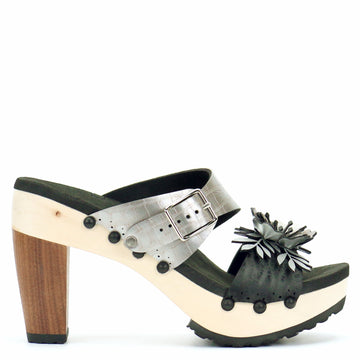 High Heel Flower Toe Mule in Midnight and Croc - Mohop