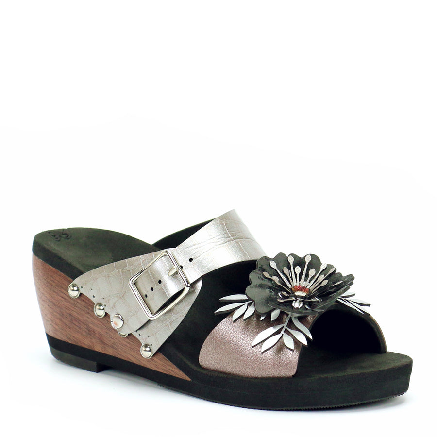 Mid Wedge Flower Toe Mule in Rose and Croc - Mohop