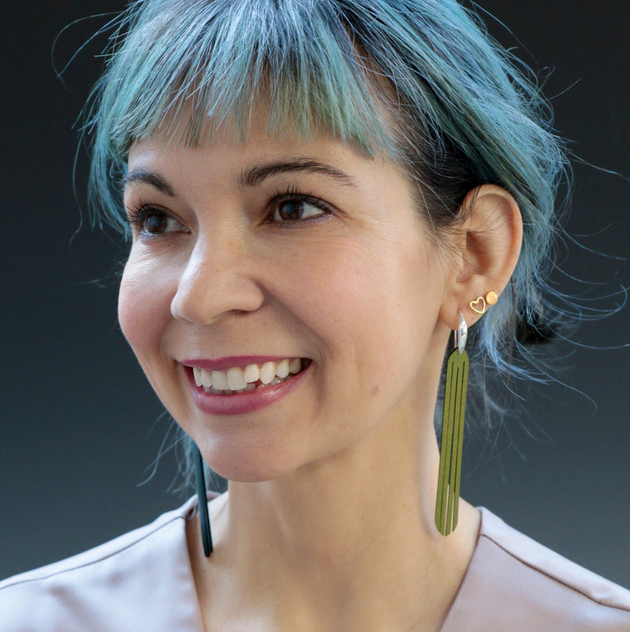 Scarab iridescent fringe earrings with silver fishhook ear wire.