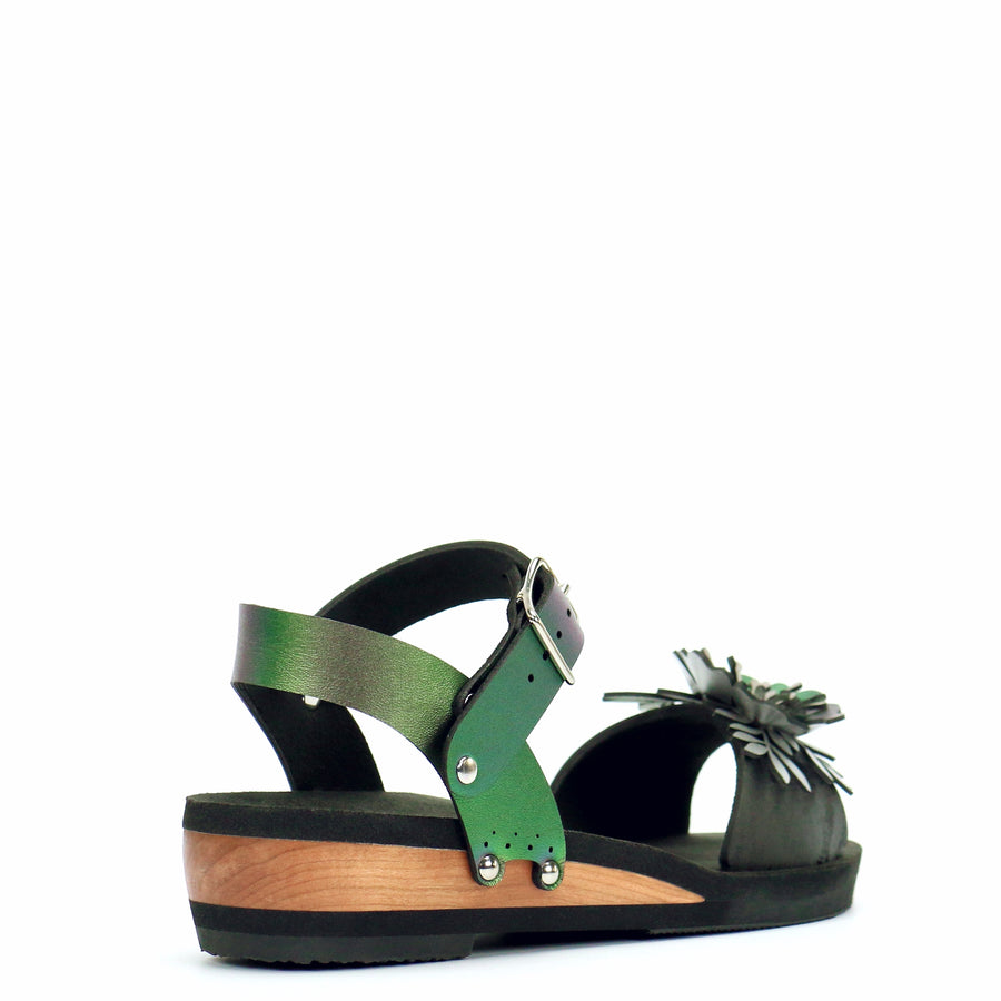 Low Wedge Flower Toe Ankle in Midnight and Emerald - Mohop