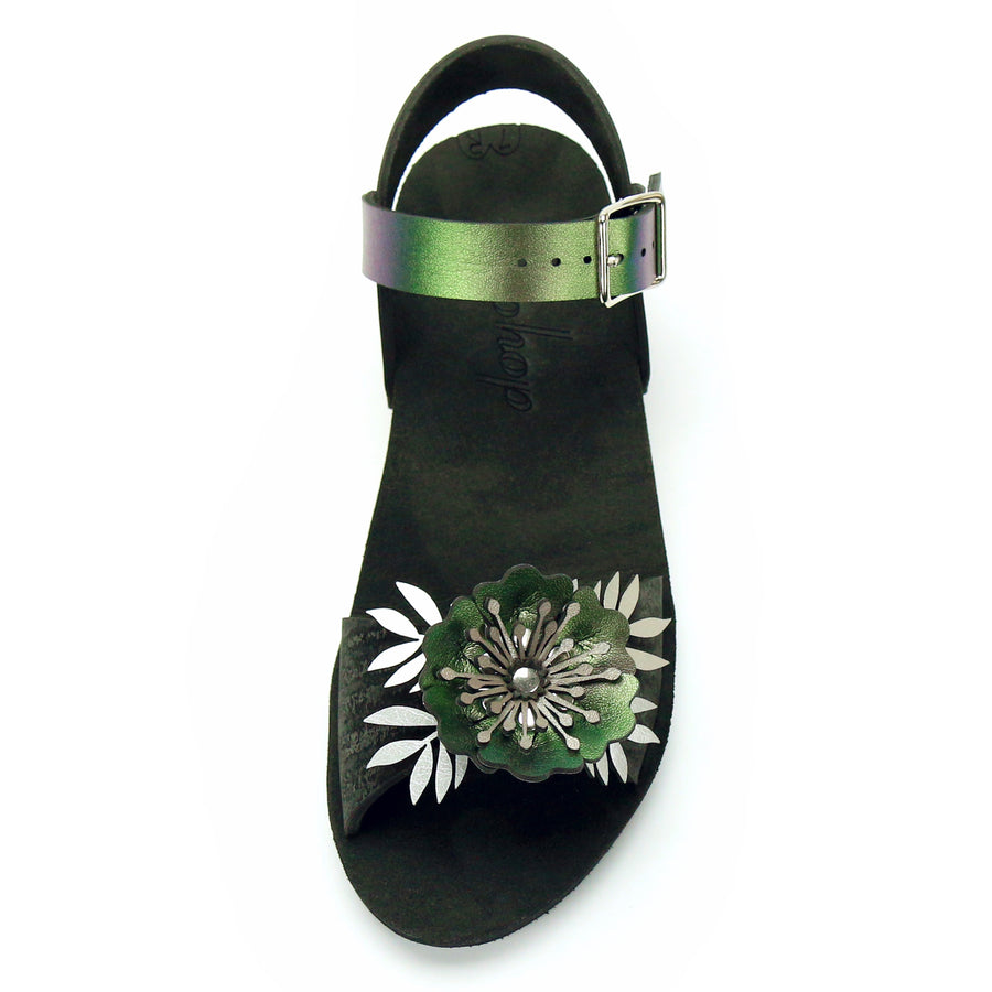 Low Wedge Flower Toe Ankle in Midnight and Emerald - Mohop