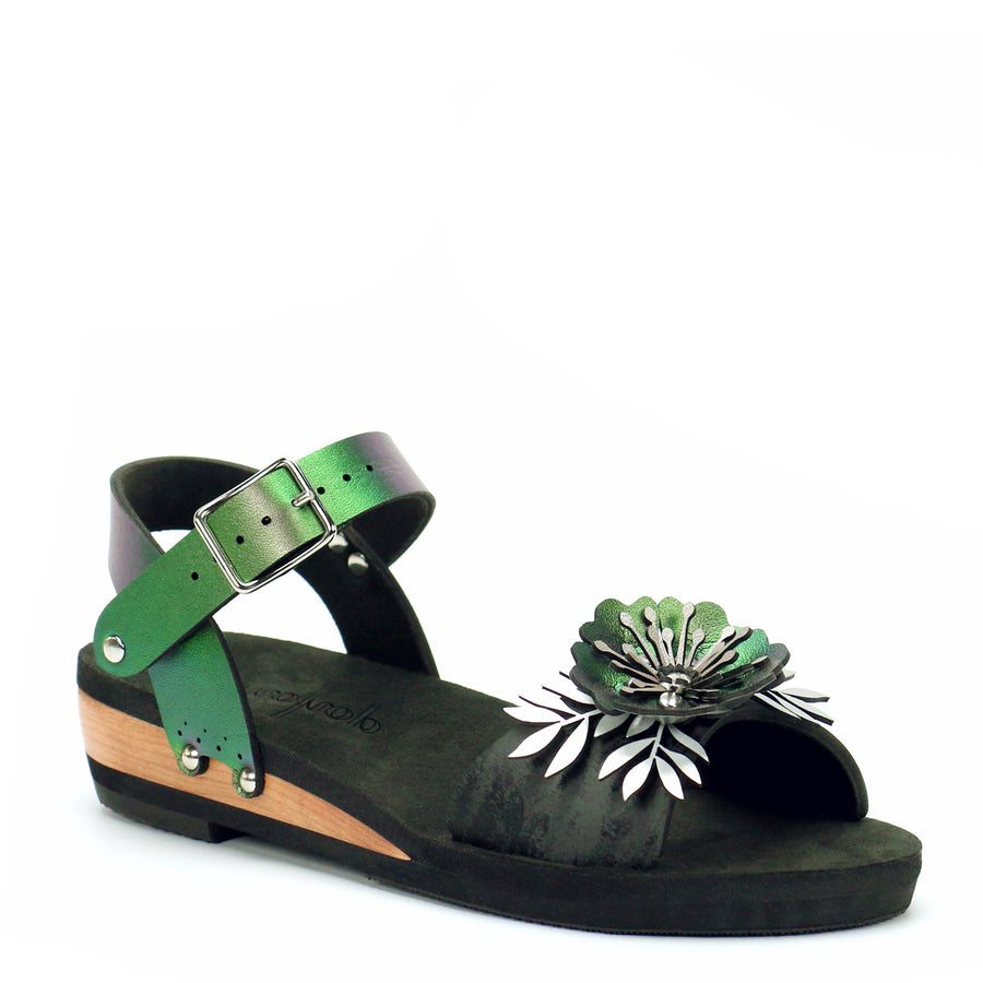 Low Wedge Flower Toe Ankle in Midnight and Emerald - Mohop