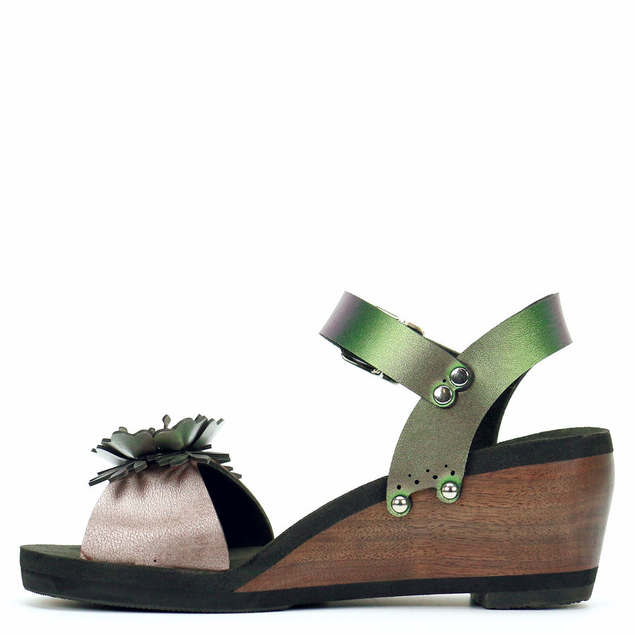 Mid Wedge Flower Toe Ankle in Rose and Emerald - Mohop