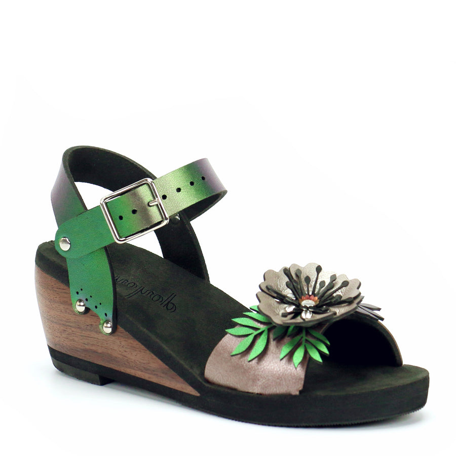 Mid Wedge Flower Toe Ankle in Rose and Emerald - Mohop