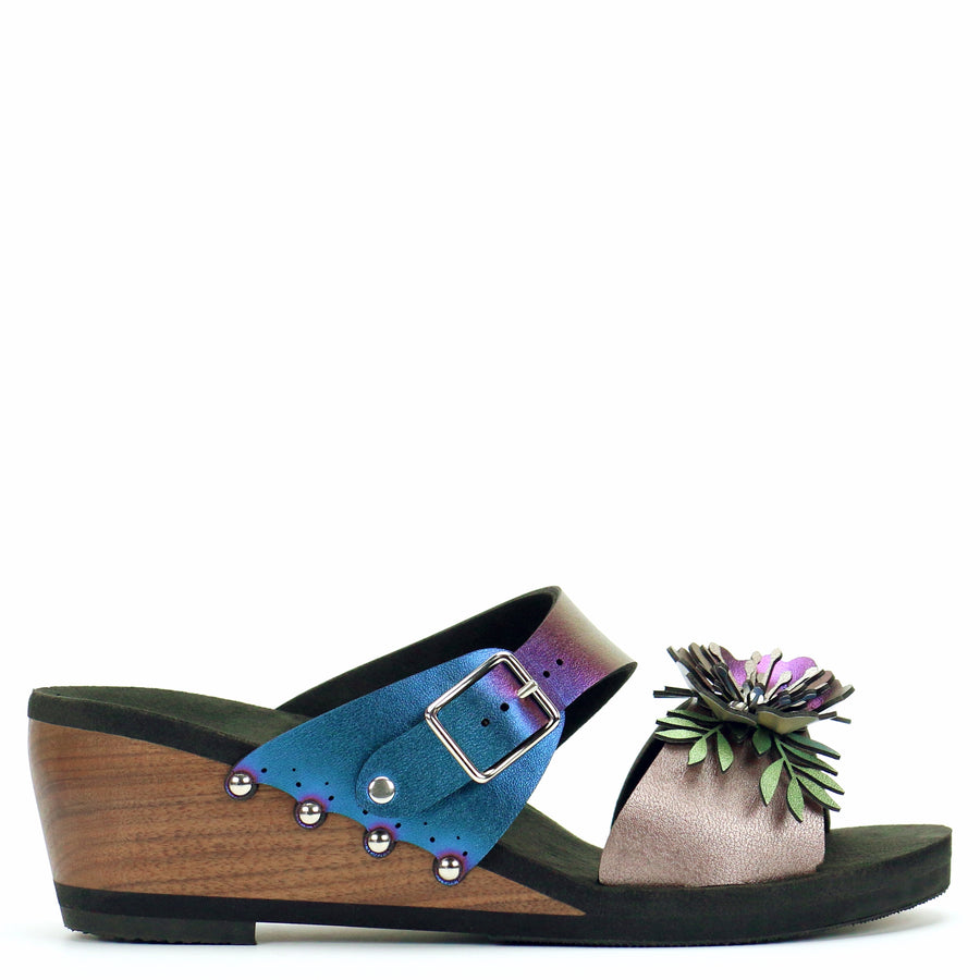 Mid Wedge Flower Toe Mule in Rose and Peacock - Mohop