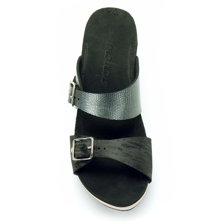 High Heel Buckle Toe Mule in Midnight and Pewter - Mohop