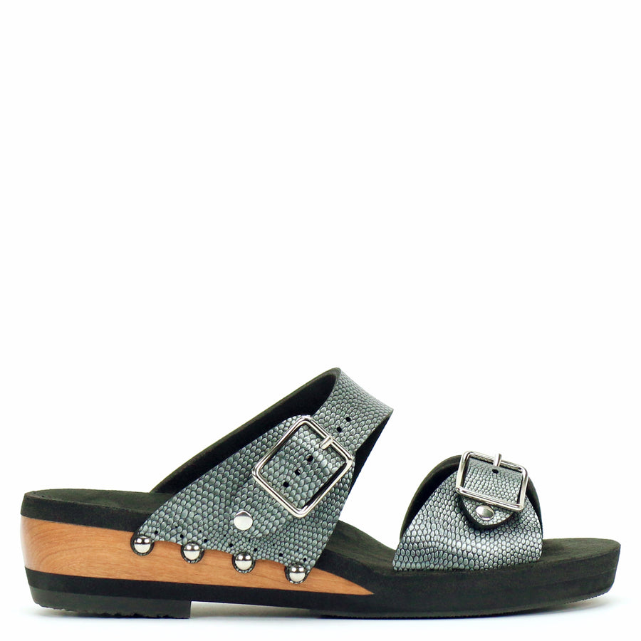 Low Wedge Buckle Toe Mule in Pewter - Mohop