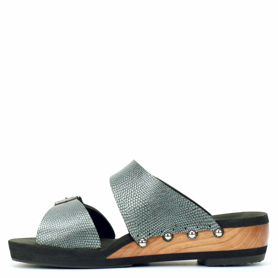 Low Wedge Buckle Toe Mule in Pewter - Mohop