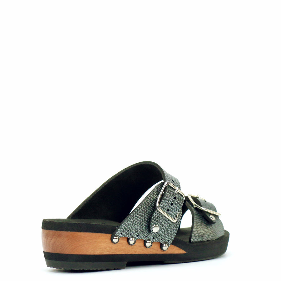 Low Wedge Buckle Toe Mule in Pewter - Mohop