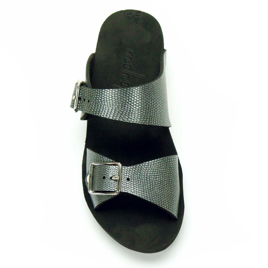 Low Wedge Buckle Toe Mule in Pewter - Mohop