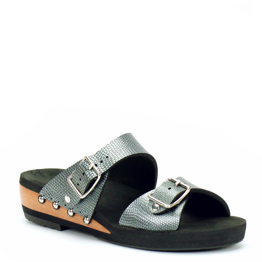 Low Wedge Buckle Toe Mule in Pewter - Mohop