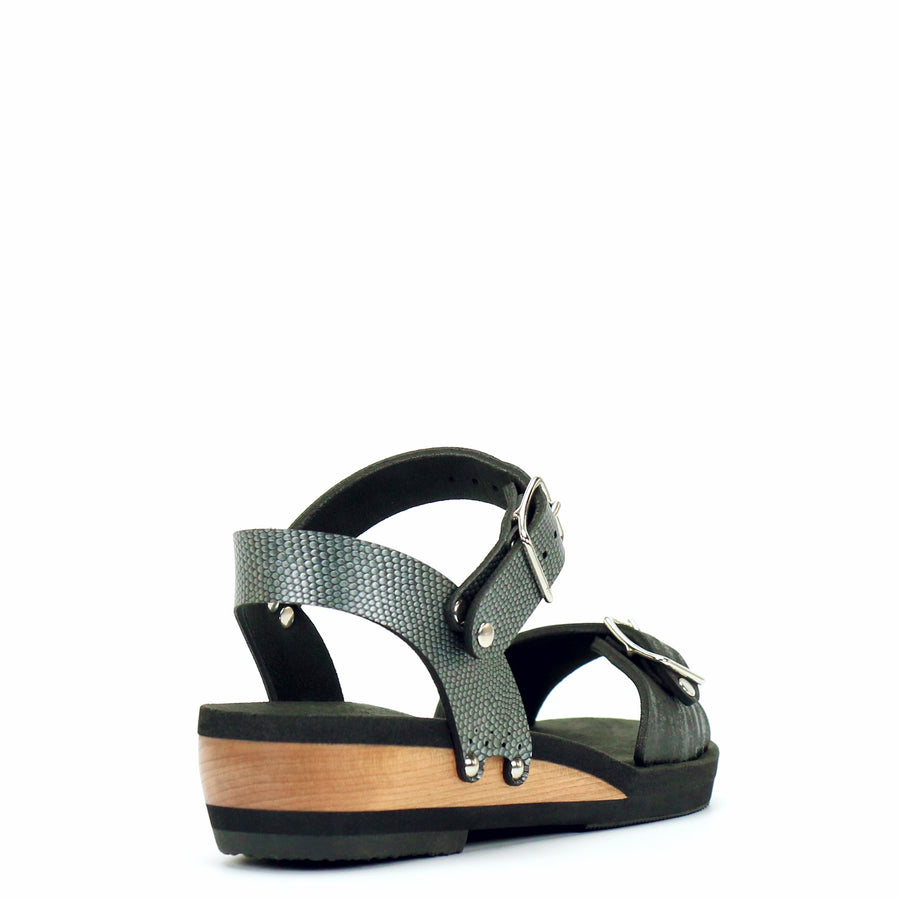 Low Wedge Buckle Toe Ankle in Midnight and Pewter - Mohop