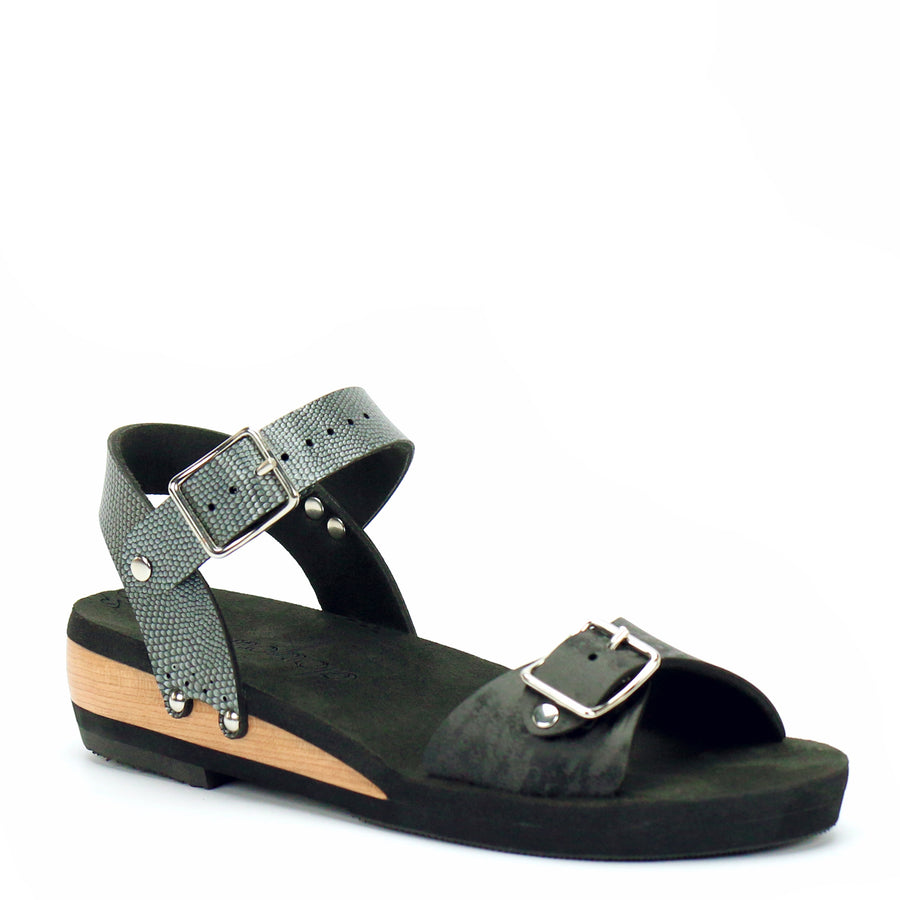 Low Wedge Buckle Toe Ankle in Midnight and Pewter - Mohop