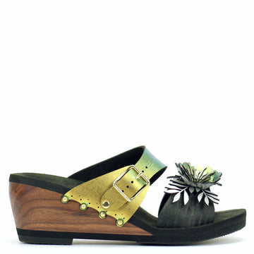 Mid Wedge Flower Toe Mule in Midnight and Scarab - Mohop