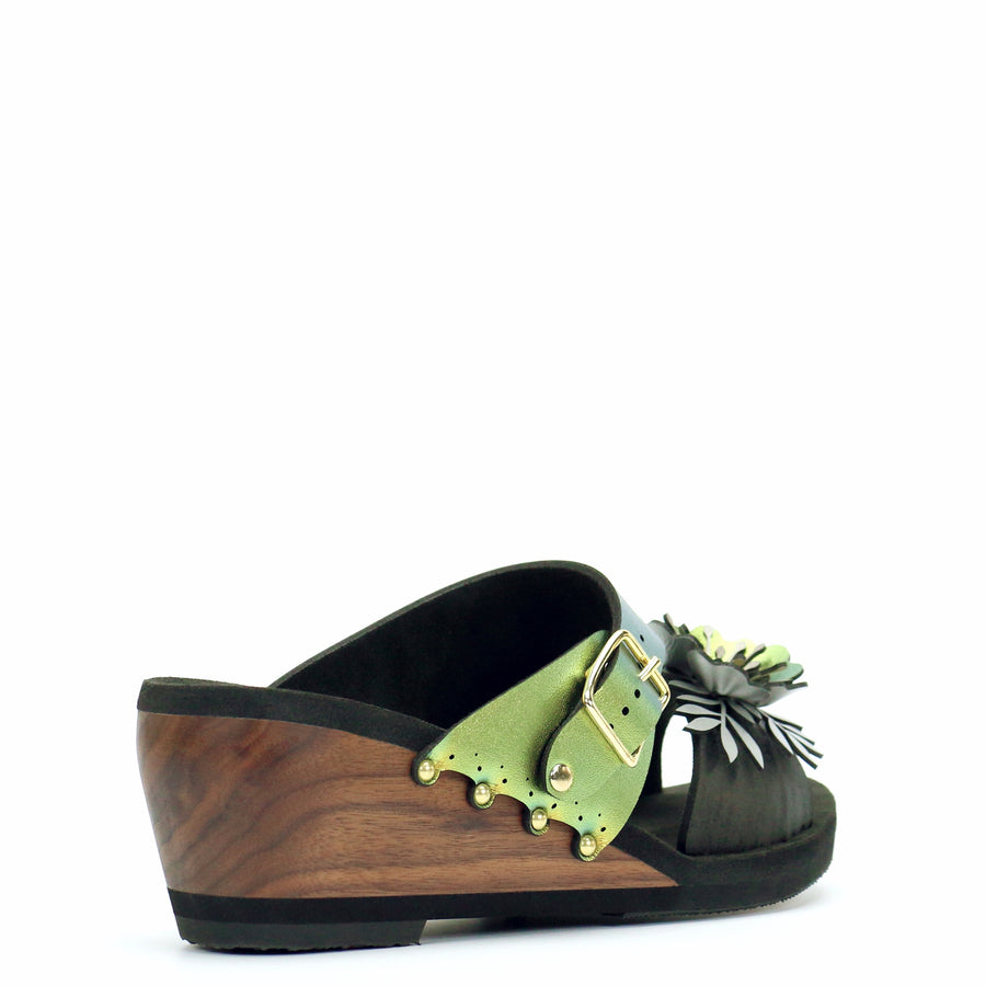 Mid Wedge Flower Toe Mule in Midnight and Scarab - Mohop