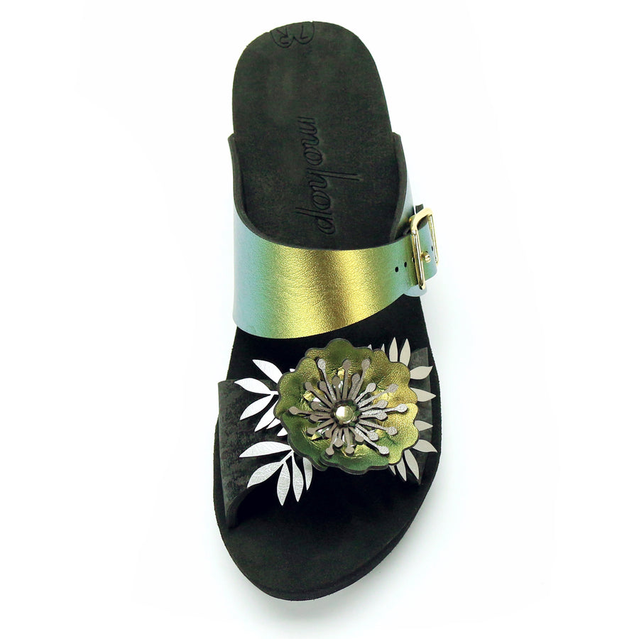 Mid Wedge Flower Toe Mule in Midnight and Scarab - Mohop